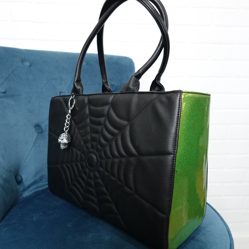 Lux De Ville Elvira Giant Spider Web Tote - Green Glitter like-new